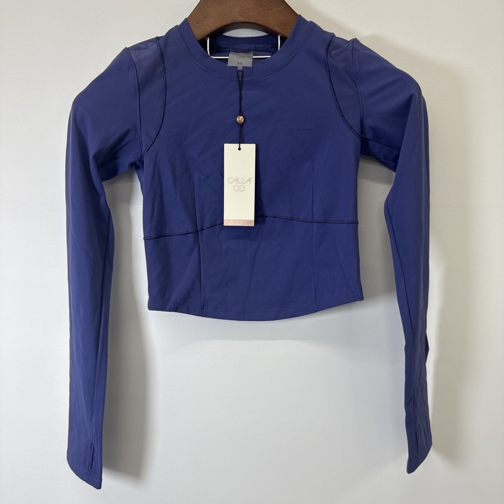 Calia Inspire Mesh Long Sleeve Top Rich Blue Gym Athletic Yoga NWT Cropped XS